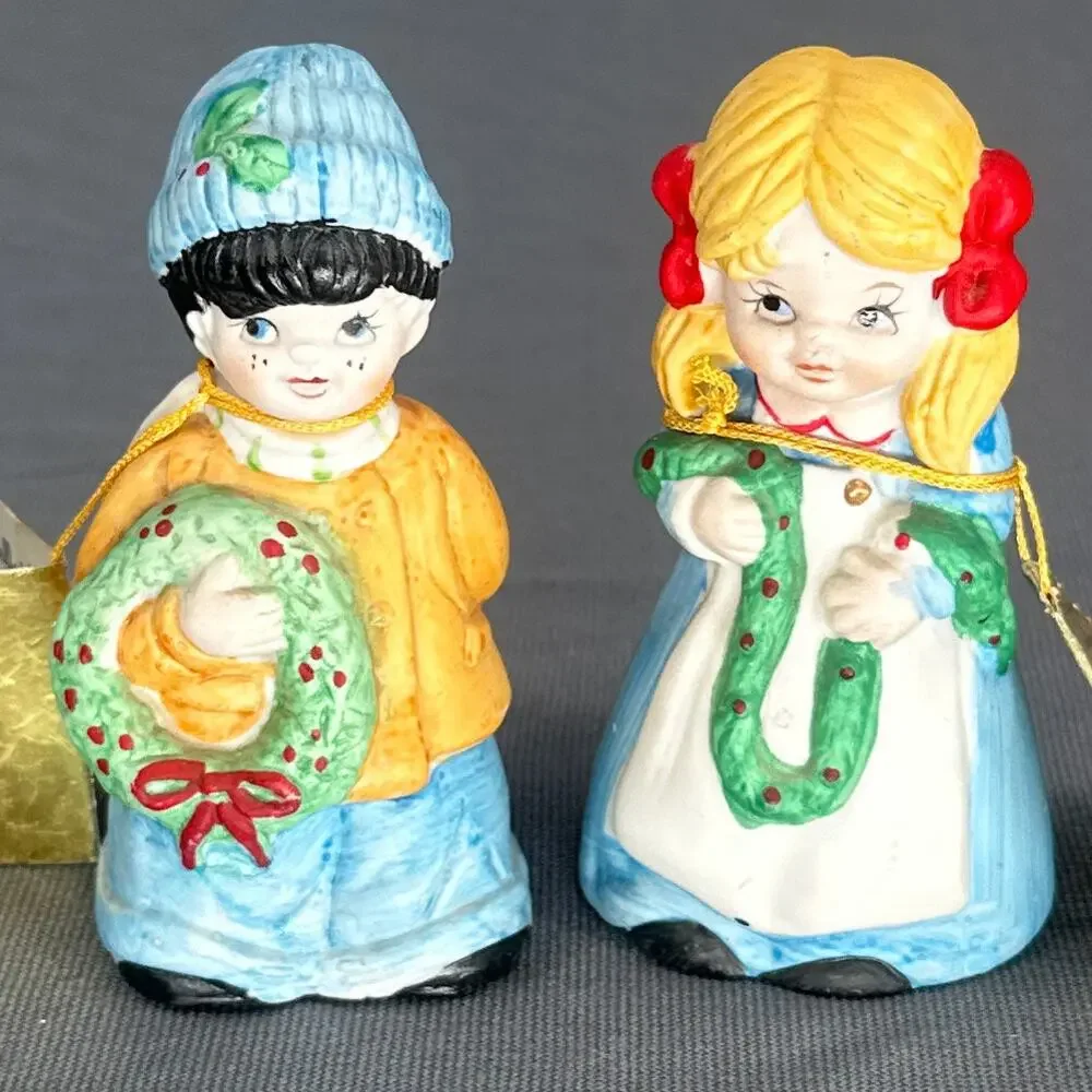 VTG 80s House of Lloyd Porcelain Bisque Bell Ornament Figures Boy Girl Christmas